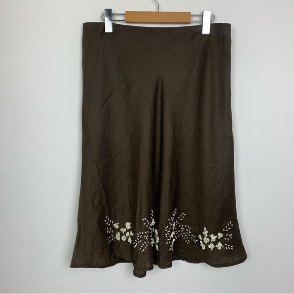 Anne Carson Brown Linen A-Line Skirt Embroidered - Picture 5 of 8